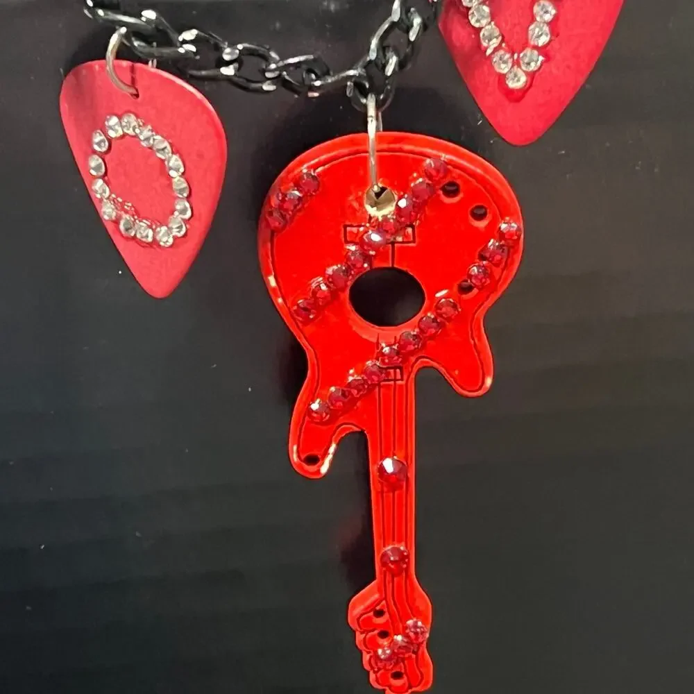 Handmade Red Guitar Pendant LOVE Guitar Pick Crystal Heart Necklace 12.75”